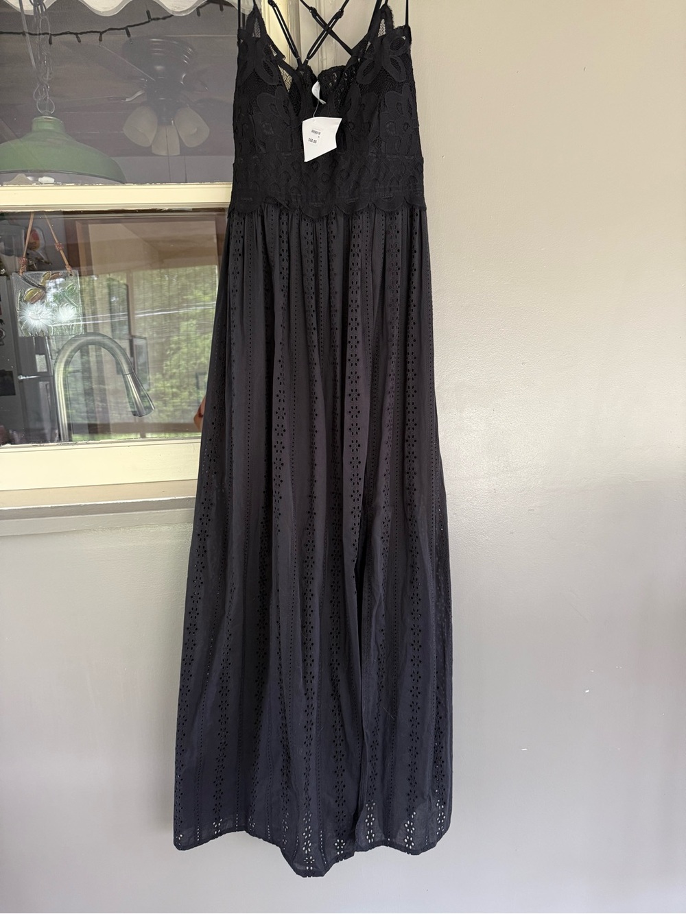 Black Eyelet Lace Maxi Dress with Crisscross Back